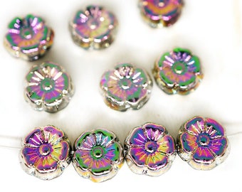 20pcs Metallizzato Dicroici Vitrail Viola Verde Fiore di Anemone Sole Focale Ciondolo Flat Coin Fiore Turno ceca Perle di Vetro 9mm