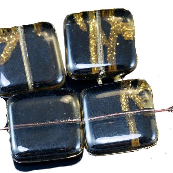 Large Brown Clear Czech Glass Flat Square Beads Tile 18mm 4pcs