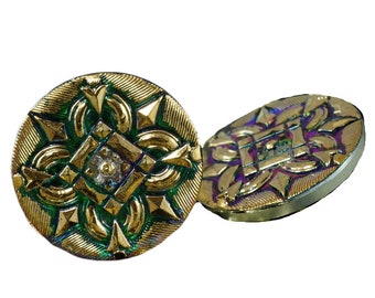 1pc Handmade Czech Glass Button Large Gold Square Flower Dichroic Vitrail Purple Green Size 12, 27mm
