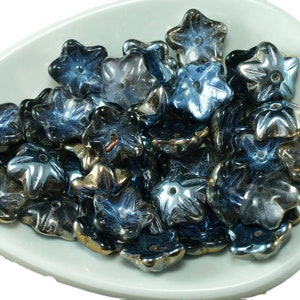 Metallic Silver Blue Clear Czech Glass Flat Flower Beads Bead Caps 10mm x 4mm 22pcs
