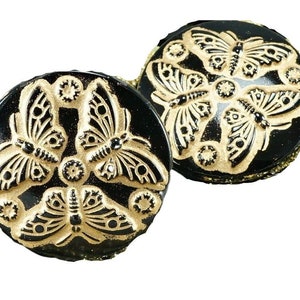 1pc Handmade Czech Glass Button Large Matte Gold Butterfly Shiny Black Size 12, 27mm