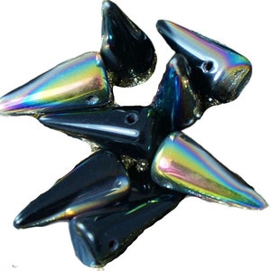 Jet Black Dichroic Vitrail Czech Glass Spike Beads Cone Drop Thorn 14mm x 6mm 14pcs