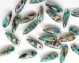 30pcs Opaque Shiny Peacock Turquoise Green Flat Leaf Dagger Beads Czech Glass 3mm x 11mm