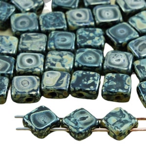 30pcs Picasso Jet Black Opaque Silver Rhombus Flat Square Silky 2 Two Hole Czech Glass Beads 6mm