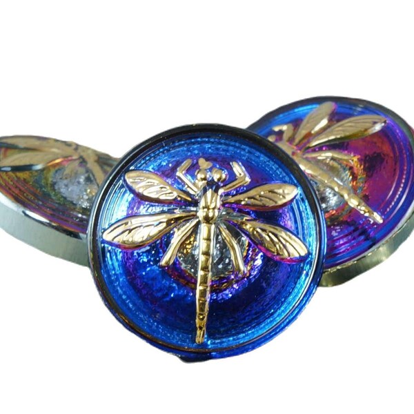 1pc Handmade Czech Glass Button Small Gold Dragonfly Volcano Blue Size 8, 18mm
