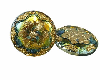 1pc Handmade Czech Glass Button Large Gold Flower Dichroic Vitrail Green Size 12, 27mm