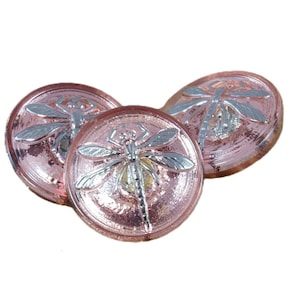 1pc Handmade Czech Glass Button Small Silver Dragonfly Valentine Pink Size 8, 18mm