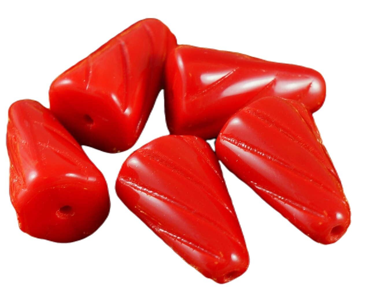 Opaque Red Czech Glass Icicle Beads Long Teardrop Beads Spike Cone Halloween Christmas 15mm x 9mm 8pcs