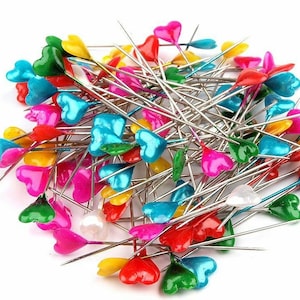 1box Ix Of Colours Decorative Heart Head Pins Length 55mm, Pearl Headed Steel, Haberdashery