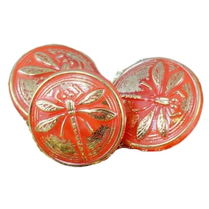 1pc Handmade Czech Glass Button Small Gold Dragonfly Opaque Orange Halloween Size 8, 18mm
