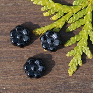 May include: Three black glass flower-shaped buttons with a raised center. The buttons are on a wooden surface with a green leafy branch.