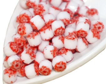 White Red Czech Glass Cathedral Beads Faceted Round Bohemian Christmas 6mm 20pcs