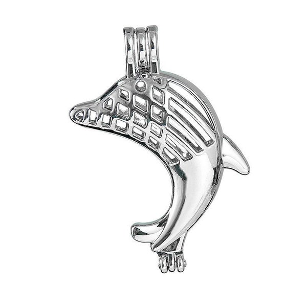 1pc Ton Argent Plaqué Poisson Animal Dolphin Pearl Creux Médaillon Pendentif Cage de Charme de Bijoux de formuler des Constatations 30mm x 4