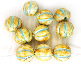 14pcs Picasso White Brown Turquoise Rough Rustic Etched Round Round Beads Czech Glass Beads 8mm