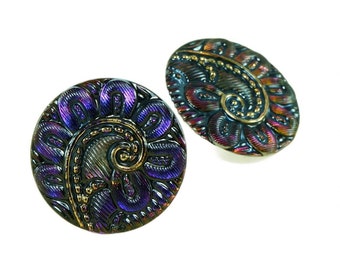 1pc Handmade Czech Glass Button Gold Flower Purple Blue Dichroic Vitrail Size 10, 22.5mm