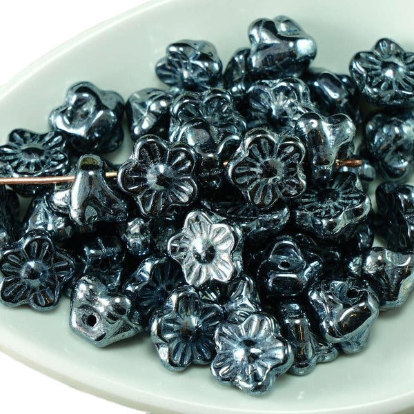 Opaque Hematite Silver Czech Glass Flower Button Beads Weaving 9mm x 6mm 20pcs