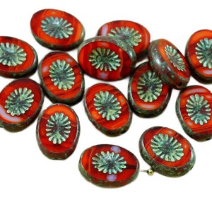 8pcs Picasso Brown Orange Striped Rustic Window Table Cut Flat Kiwi Oval Czech Glass Beads 14mm x 10mm image 1