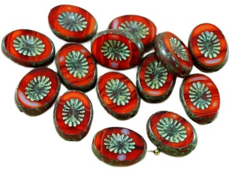 8pcs Picasso Brown Orange Striped Rustic Window Table Cut Flat Kiwi Oval Czech Glass Beads 14mm x 10mm