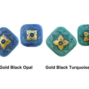1pc Handmade Large Czech Glass Button Square Flower Gold Black Blue Opal Size 14 33mm