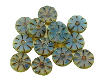 8pcs Picasso Crystal Yellow Blue Travertine Brown Table Cut Window Flower Flat Coin Opal Czech Glass Beads 12mm