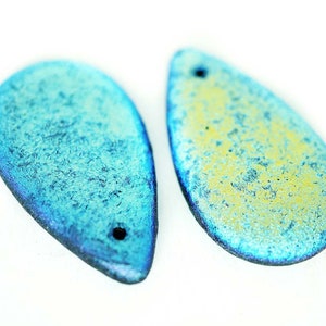 2pcs Jet Black Dark Blue Ab Flat Top Hole Pendant Focal Teardrop Beads Czech Glass 30mm x 18mm