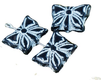 Black Silver Butterfly Moth Czech Glass Beads Insect Animal Halloween 14mm x 11mm 8pcs