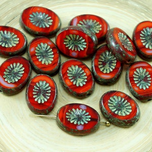 8pcs Picasso Brown Orange Striped Rustic Window Table Cut Flat Kiwi Oval Czech Glass Beads 14mm x 10mm image 2