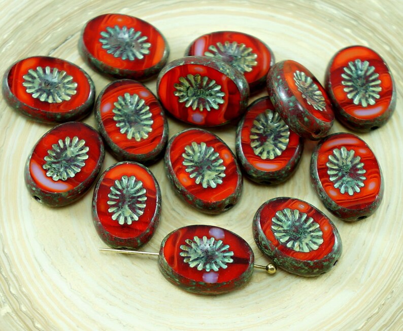 8pcs Picasso Brown Orange Striped Rustic Window Table Cut Flat Kiwi Oval Czech Glass Beads 14mm x 10mm image 2