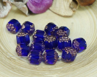 Sapphire Blue Gold Czech Glass Faceted Cathedral Beads Fire Polished Bohemian 8mm 12pcs