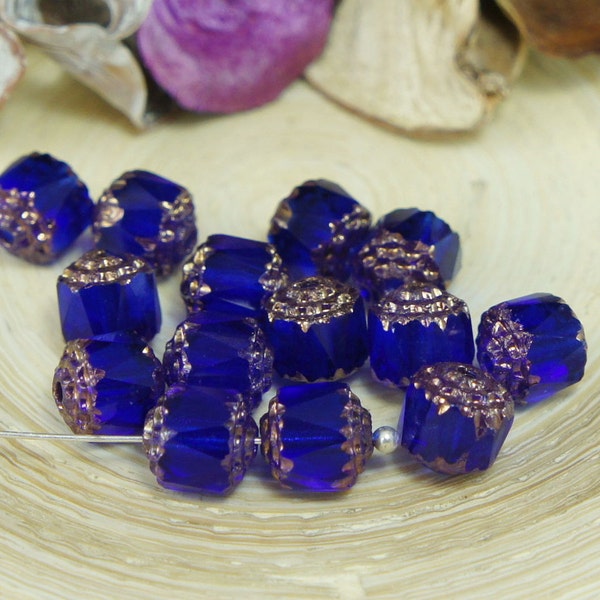 Sapphire Blue Gold Czech Glass Faceted Cathedral Beads Fire Polished Bohemian 8mm 12pcs