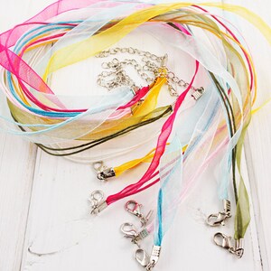 4pcs van 18,5" Mix Blauw Roze Paars Geel Wit Organza Ketting Lint Koord Met karabijnsluiting En 4cm Extender Ketting 10mm