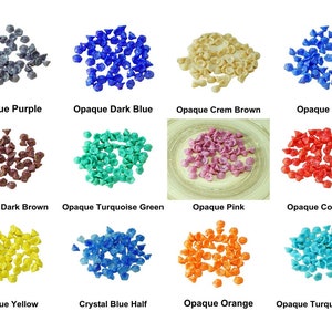 May include: Assortment of opaque glass beads in various colors, including purple, dark blue, cream brown, blue, dark brown, turquoise green, pink, coral red, yellow, crystal blue half, orange, and turquoise blue.