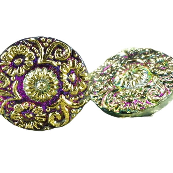 1pc Handmade Czech Glass Button Gold Flower Valentine Pink Dichroic Vitrail Size 10, 22.5mm