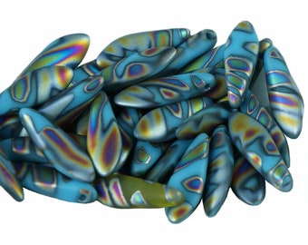 30pcs Opaque Turquoise Blue Zebra Dichroic Vitrail Matte Czech Glass Dagger Beads Flat Leaf 5mm x 16mm