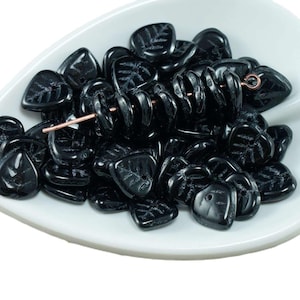 Opaque Black Czech Glass Leaf Beads Halloween 9mm x 9mm 42pcs