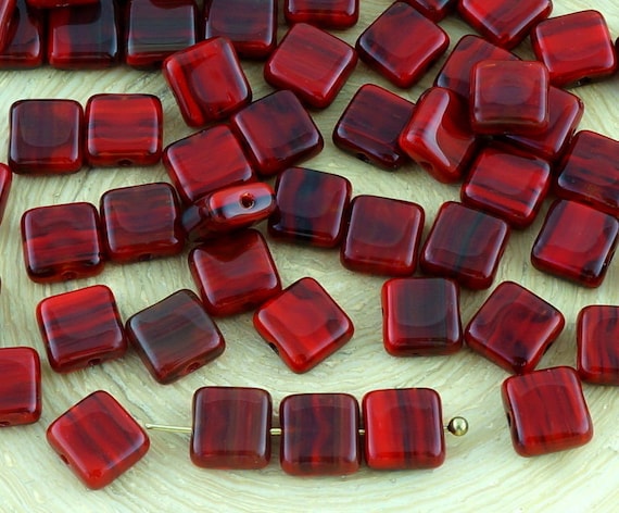 40pcs Picasso Coral Red Opaque Tile One Hole Flat Square Czech Glass Beads 6mm