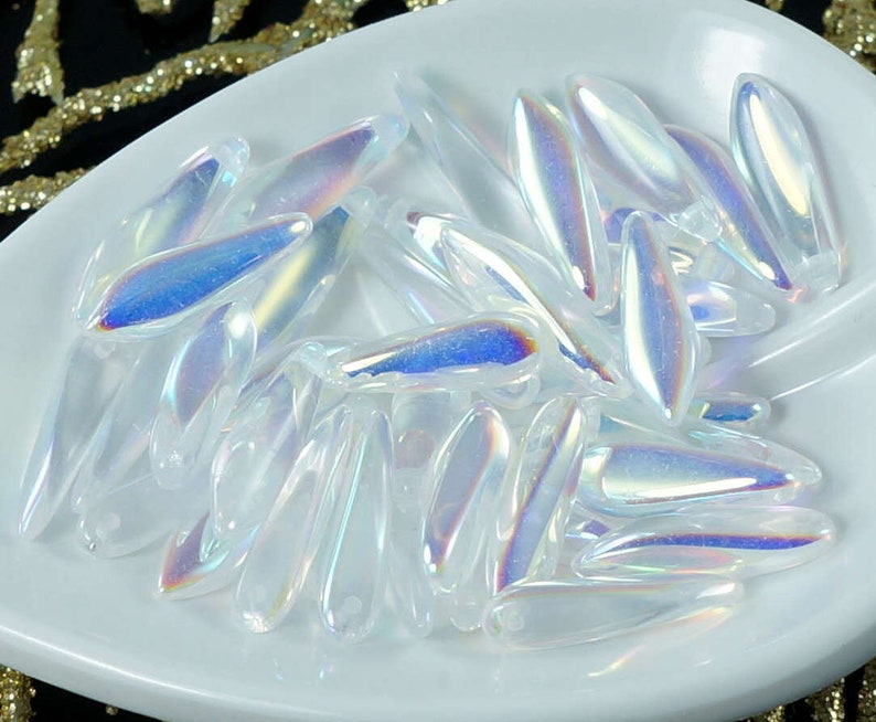 30pcs Crystal Ab Czech Glass Dagger Beads Flat Leaf 5mm x 16mm