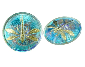 1pc Handmade Czech Glass Button Large Gold Dragonfly Ab Size 14, 31.5mm