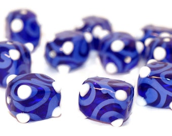 Blue White Gzhel Czech Glass Lampwork Handmade Beads Rectangle Tube Curl Beads 13mm x 10mm 2pc