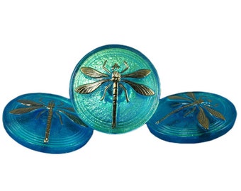 1pc Handmade Czech Glass Cabochon Large Gold Dragonfly Dichroic Vitrail Blue Size 14, 31.5mm