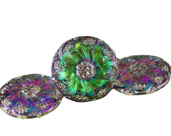 1pc Handmade Czech Glass Button Large Silver Flower Dichroic Vitrail Green Size 12, 27mm