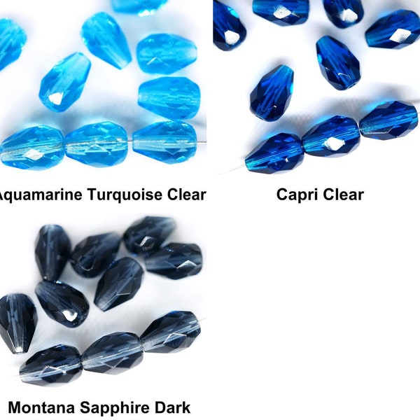 16pcs Cristal Bleu en forme de Larme de Poire Verre tchèque Firepolished Facettes Feu Poli Perles 10mm x 7mm