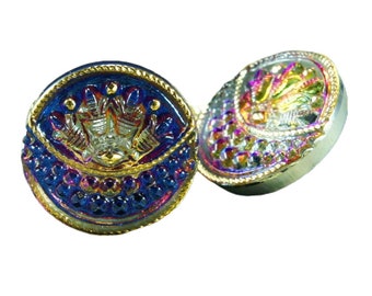 1pc Handmade Czech Glass Button Small Flower Eye Gold Blue Purple Dichroic Vitrail Size 8, 18mm