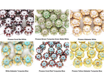 20pcs Picasso Wash Patina Flat Coin Round Flower Czech Glass Anemone Flower Sun Focal Pendant Beads 9mm