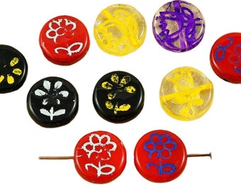 Mix Multicolor Flower Round Flat Coin Czech Glass Beads 11mm 16pc
