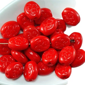 Opaque Red Czech Glass Flat Oval Shamrock Beads St Patrick Day Trefoil Leaf Halloween 10mm x 8mm 18pcs
