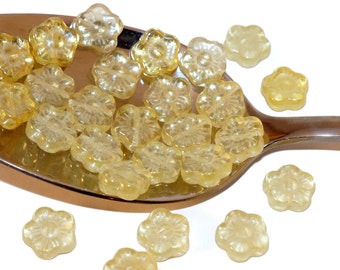 Luster Yellow Clear Czech Glass Flat Flower Beads Bohemian 10mm 12pcs
