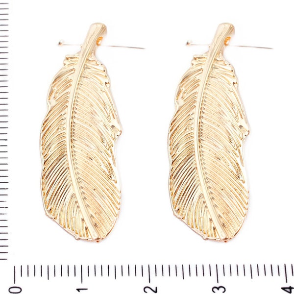 2pcs Gold Plated Long Feather Bird Two Sided Pendants Charms Czech Metal Findings 36mm x 17mm Hole 2mm