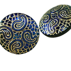 1pc Dark Shiny Blue Matte Gold Leaf Snake Skin Handmade Czech Glass Button Size 8, 18mm