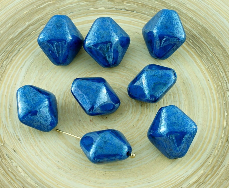 Luster Blue Czech Glass Rhombus Bicone Beads Bohemian 15mm x 10mm 4pcs image 2